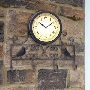 LILYS HOME Sparrow Bird Wall Clock Key Holder  Hook Rack Combo Black Iron